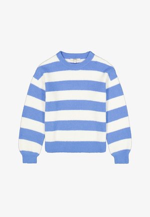 Suéter de rayas azul y blanco, con textura acanalada, cuello redondo, mangas largas, con rayas azules más anchas alternando con blancas.