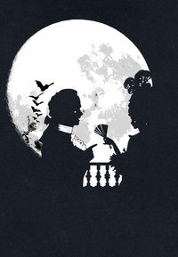 Silhouette di due figure impegnate in una conversazione contro una grande luna piena; dettagli intricati su pettinature e ventaglio; pipistrelli sullo sfondo.