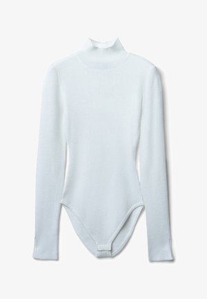 White ribbed long-sleeve bodysuit with mock neck and snap closure at the crotch, laid flat on a white background.