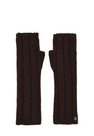 Pair of long black knitted fingerless gloves with a ribbed texture and a small round logo near the wrist.
