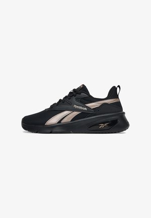 Crne atletske cipele s mrežastim gornjim dijelom, metalik ružičastim zlatnim detaljima, mekanim potplatom i zaobljenim dizajnom prsta. Vidljiv Reebok branding.