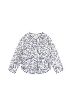 Chaqueta acolchada de manga larga con estampado de leopardo azul y rosa, cuello redondo, botones a presión en la parte delantera y dos bolsillos delanteros bordeados de ribete azul.
