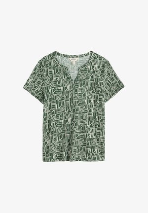 Zelena košulja kratkih rukava s bijelim apstraktnim uzorkom mreže i V-izrezom, položena ravno na bijeloj pozadini.