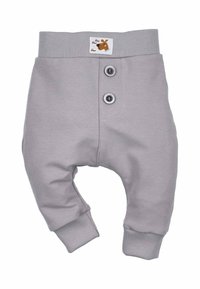 Jasnoszare bawełniane spodnie dla niemowląt z prążkowanym pasem, dwoma guzikami i prążkowanymi mankietami. Posiadają małą metkę z rysunkiem zwierzęcia.