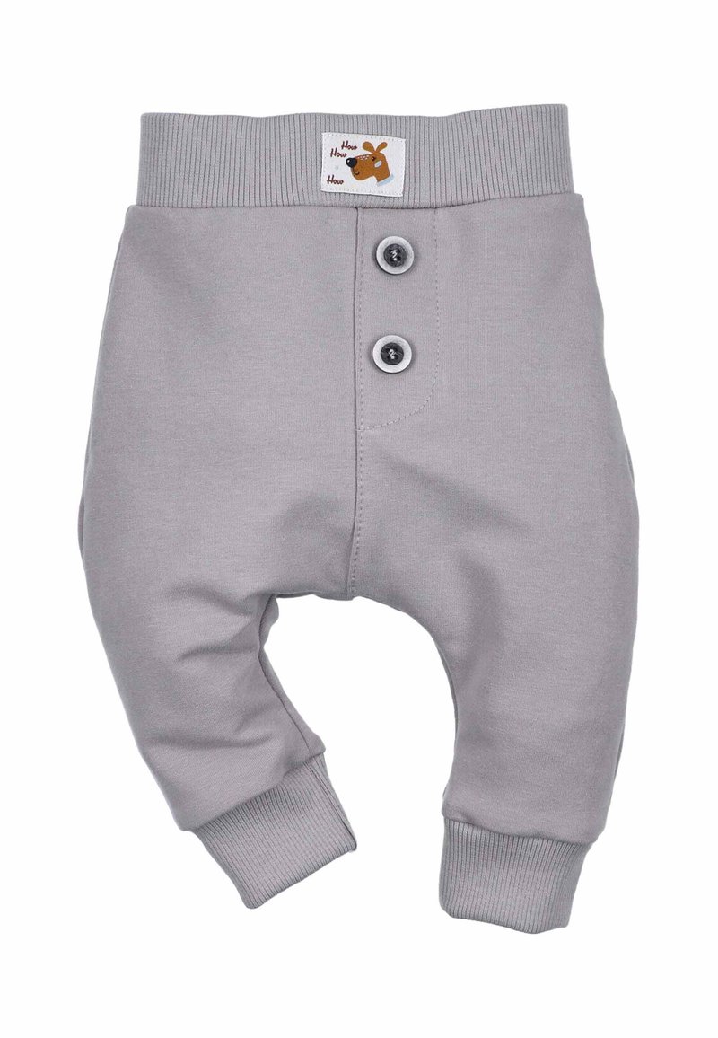 Jasnoszare bawełniane spodnie dla niemowląt z prążkowanym pasem, dwoma guzikami i prążkowanymi mankietami. Posiadają małą metkę z rysunkiem zwierzęcia.