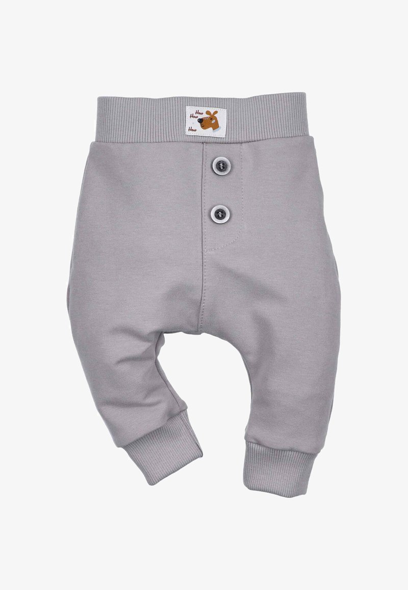 Jasnoszare bawełniane spodnie dla niemowląt z prążkowanym pasem, dwoma guzikami i prążkowanymi mankietami. Posiadają małą metkę z rysunkiem zwierzęcia.