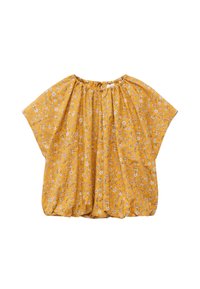 Blouse jaune manches courtes avec imprimé floral blanc, encolure ronde froncée et coupe ample légèrement bouffante.