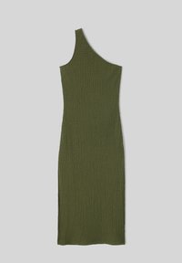 Robe à une épaule de longueur genou en tissu olive texturé, présentant une silhouette ajustée et une finition lisse et extensible.