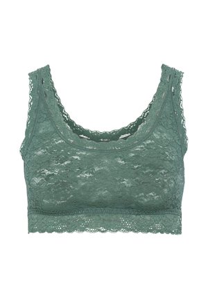 Spitzen-Bralette in sanftem Grün mit einem Rundhalsausschnitt und gewellten Kanten. Weicher Stoff mit einem zarten Blumenmuster.