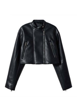 Close-up of a black leather jacket with a vertical silver zipper and buttoned collar on a person.