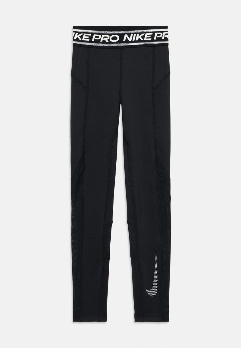 Fekete Nike Pro leggings széles elasztikus derékpánttal, amelyen ismétlődő "NIKE PRO" logó található, hálós panelek és egy átlós fehér Swoosh logó.