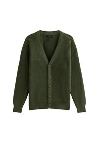 Cardigan verde lavorato a maglia con scollatura a V, texture a coste e chiusura a sei bottoni. Presenta maniche larghe e orlo a coste aderente.