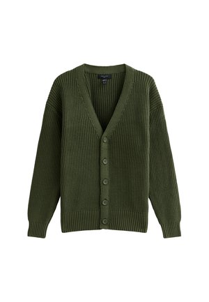 Cardigan verde de punto con escote en V, textura de canalé y cierre de seis botones. Presenta mangas anchas y un dobladillo ceñido de canalé.