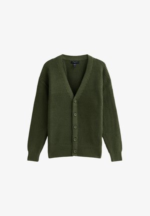 Green knitted cardigan with a V-neck, ribbed texture, and six-button closure. Features wide sleeves and a fitted ribbed hem.