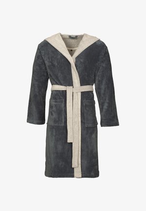 Grey and beige hooded bathrobe with long sleeves, textured fabric, front pockets, and a matching belt. Soft and comfortable design.