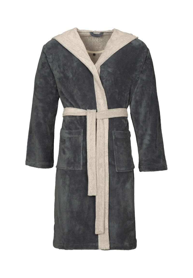 Grau und beige Kapuzenbademantel mit langen Ärmeln, strukturiertem Stoff, Vordertaschen und einem passenden Gürtel. Weiches und bequemes Design.