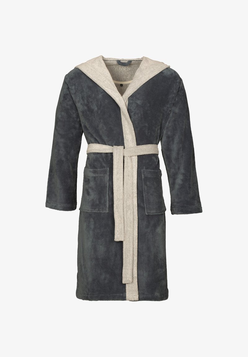 Grau und beige Kapuzenbademantel mit langen Ärmeln, strukturiertem Stoff, Vordertaschen und einem passenden Gürtel. Weiches und bequemes Design.