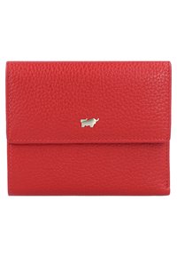 Portafoglio in pelle rossa con superficie texturizzata, caratterizzato da un accento metallico dorato con il logo di un piccolo animale sulla parte anteriore. Design a chiusura pieghevole.