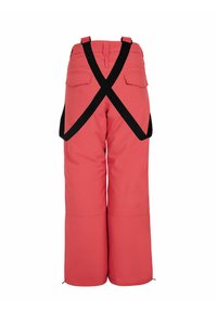 Pantalones de nieve impermeables rojos con tirantes cruzados negros, dos bolsillos traseros, pierna ancha y cremalleras en el tobillo para un ajuste ajustable.