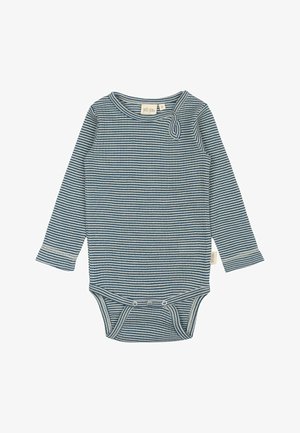 Prugasta bodysuit z dolgimi rokavi v modri in beli barvi, z okroglim izrezom, spodnjimi pritiski in mehkim teksturiranim materialom.
