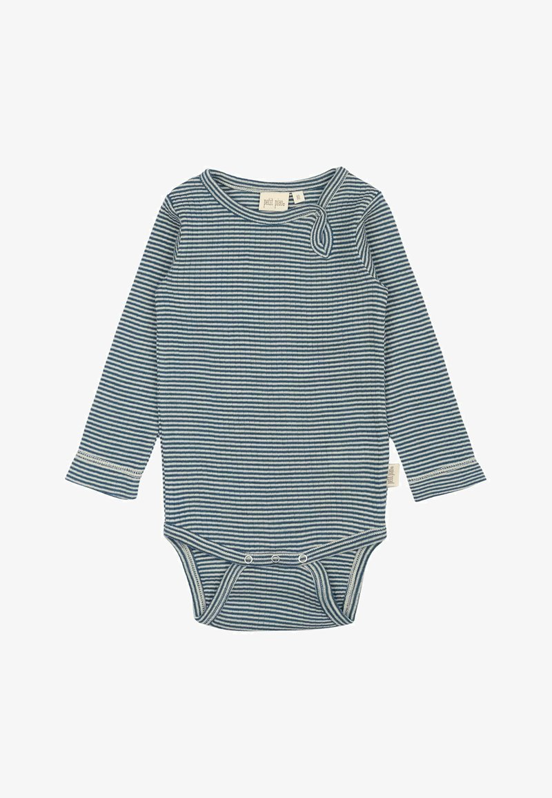 Svītrota garām piedurknēm bodijs zilā un baltā krāsā, ar apaļu kakla izgriezumu, snap slēgšanām apakšā un mīkstu teksturētu audumu.