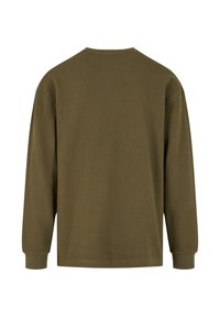 Olive zaļas krāsas, garu piedurknju puloveris, izgatavots no teksturēta materiāla ar brīvu piegriezumu. Iespējas ietver apaļu kakla izgriezumu un ribotas aproces.