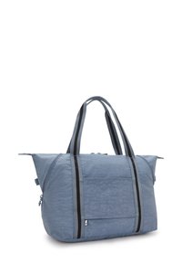 Modrá nylonová taška přes rameno s dvojitými černými pruhy, se zipem a vnější kapsou. Má hladkou texturu a odolnou látku.