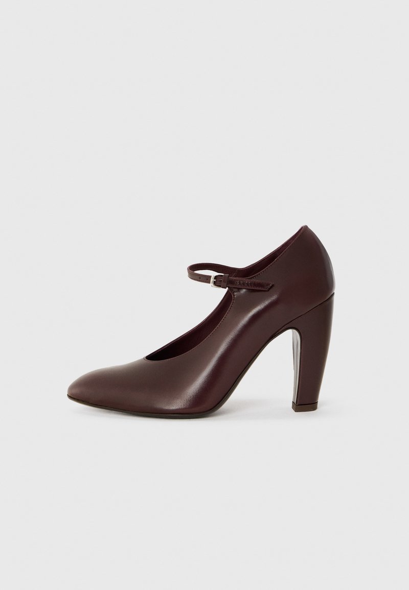 Burgundy leather high heel shoe with a pointed toe, ankle strap, and smooth texture. Features a sturdy block heel and minimalistic design.