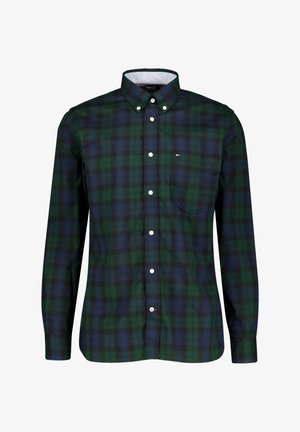 Zelená a tmavě modrá károvaná košile s dlouhým rukávem, límcem na knoflíky, jednou kapsou na hrudi a bílými knoflíky. Bavlněná látka s hladkou texturou.
