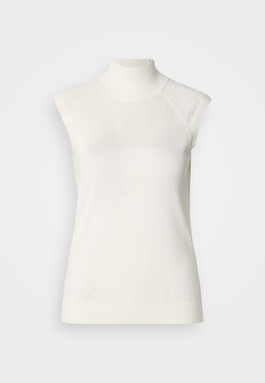 Biele tielkové tričko s rolákom z mäkkého materiálu; má priliehavý strih s vysokým golierom a jemnou rebrovanou textúrou na spodnom okraji.