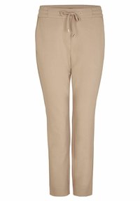 Jogging beige à coupe droite, ceinture élastique avec cordon de serrage et éléments en acier doré. Tissu doux avec une texture lisse, idéal pour une tenue décontractée.