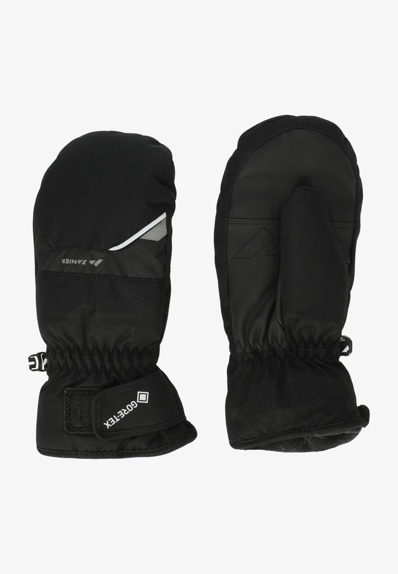 Svarta isolerade vantar med en slät yta, justerbara handledsremmar och reflekterande detaljer för synlighet; designade för användning i kallt väder.