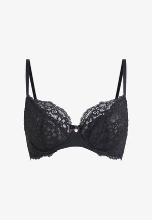 Schwarzer Spitzen-BH mit Bügel, verstellbaren dünnen Trägern und floralem Muster, mit einer kleinen Schleife und einem dekorativen Anhänger in der vorderen Mitte.