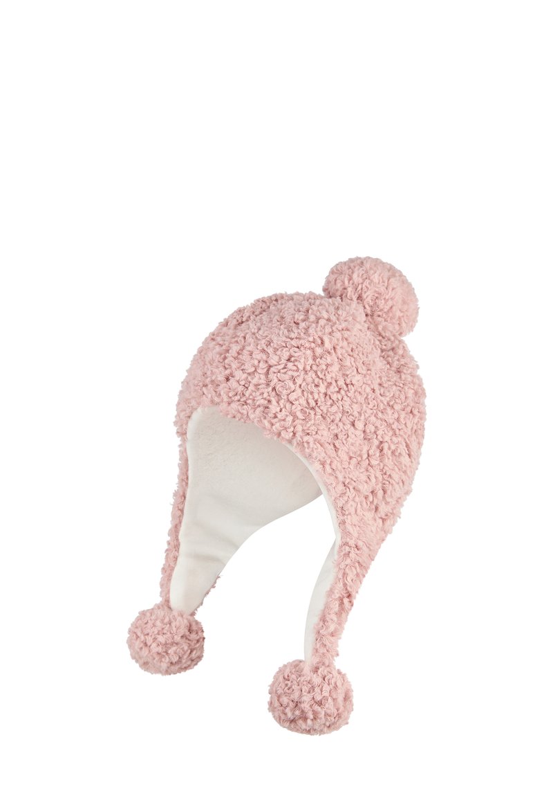 Pink fuzzy hat with a textured outer layer, cream interior, and two spherical pom-poms on top and sides.