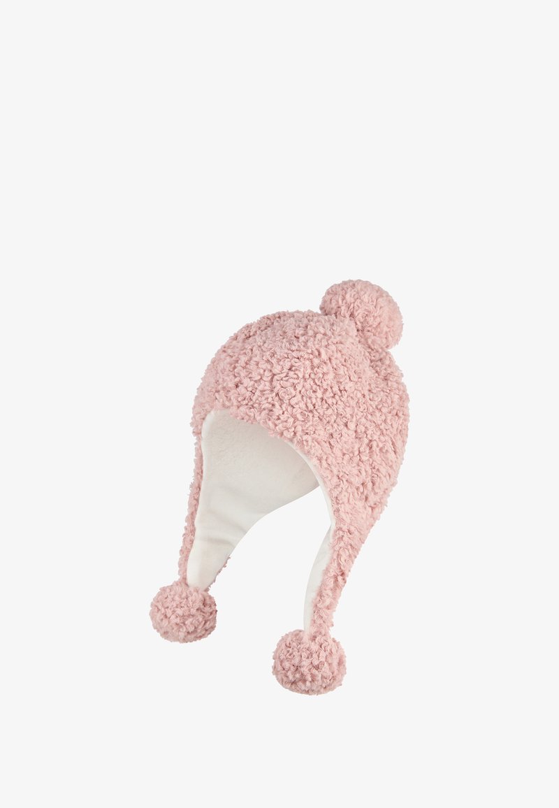 Pink fuzzy hat with a textured outer layer, cream interior, and two spherical pom-poms on top and sides.