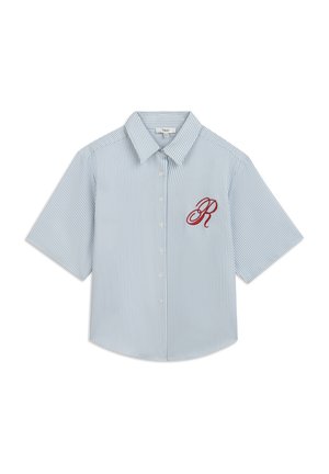 Short-sleeve button-up shirt in blue and white stripes, with a red embroidered letter "R" on the left chest. Cotton fabric, collared design.