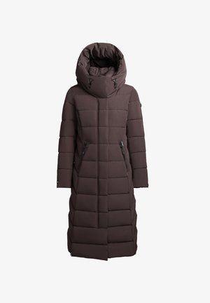 Bruine gewatteerde lange jas met een grote capuchon, ritszakken aan de zijkanten, gewatteerde textuur en een rechte snit. Bevat toggles om de capuchon te verstellen.