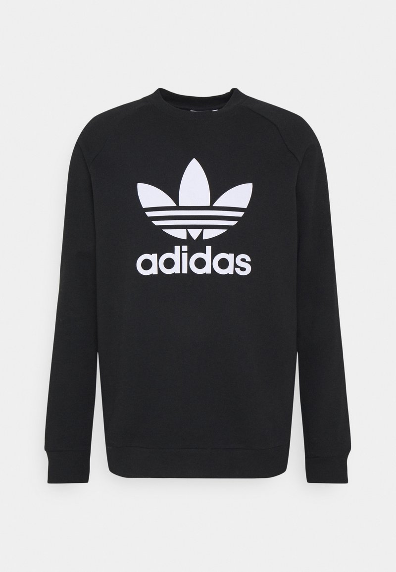Svart sweatshirt i bomull med rund halsringning, med en stor vit Adidas-logotyp och tre horisontella ränder i designen.