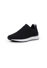 Black slip-on sneaker featuring a breathable knit upper, textured design, white midsole, and a rubber outsole for traction.