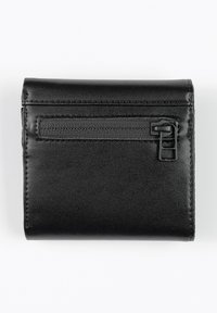 Black leather wallet with a smooth texture, featuring a zippered pocket and subtle stitching details. Compact rectangular shape.