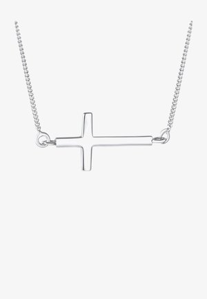Ezüst lánc nyaklánc vízszintes kereszt medállal. A medál elegáns, fényes felülettel rendelkezik, kerek láncszemekkel kapcsolódik.