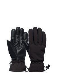 Zwarte handschoenen met een gestructureerd zwart materiaal op de handpalmen en een gladde zwarte stof op de rug. Voorzien van elastische manchetten en een strakker sluiting.