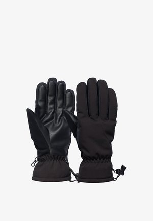 Zwarte handschoenen met een gestructureerd zwart materiaal op de handpalmen en een gladde zwarte stof op de rug. Voorzien van elastische manchetten en een strakker sluiting.