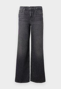 Wide-leg dark gray denim jeans with a subtle fade, featuring a button closure, five pockets, and a straight hem at the ankle.