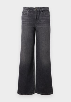 Bredde ben mørk grå denim jeans med en subtil falming, med knappelukking, fem lommer, og en rett kant ved ankelen.