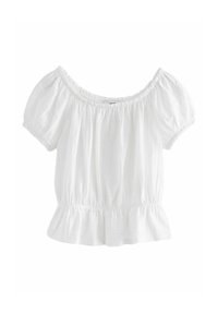 Chemisier blanc à épaules dénudées avec de courtes manches bouffantes, taille élastique et tissu texturé. Présente un ourlet volanté pour un détail élégant.