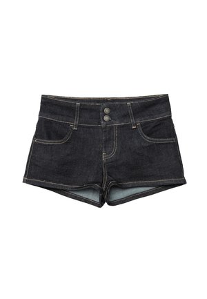 Shorts in denim scuro con vita alta, due tasche frontali e chiusura con doppio bottone. Presentano cuciture chiare e un orlo leggermente sfilacciato.