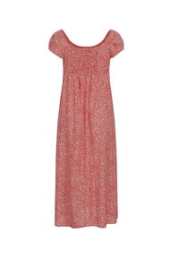Robe maxi florale rouge avec des manches courtes bouffantes, un bustier smocké et une jupe fluide. Présente des motifs floraux blancs sur un fond uni.