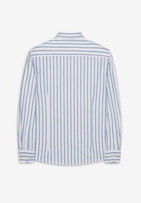 Camisa a rayas con rayas verticales azul y blancas, con cuello, mangas largas y puños abotonados. El tejido parece suave y ligero.