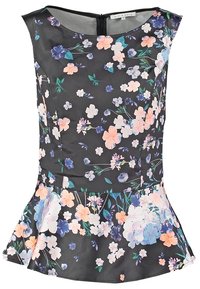 Top péplum noir sans manches avec un motif floral multicolore dans des nuances de rose, violet, bleu et vert, avec un col rond et une fermeture éclair au dos.